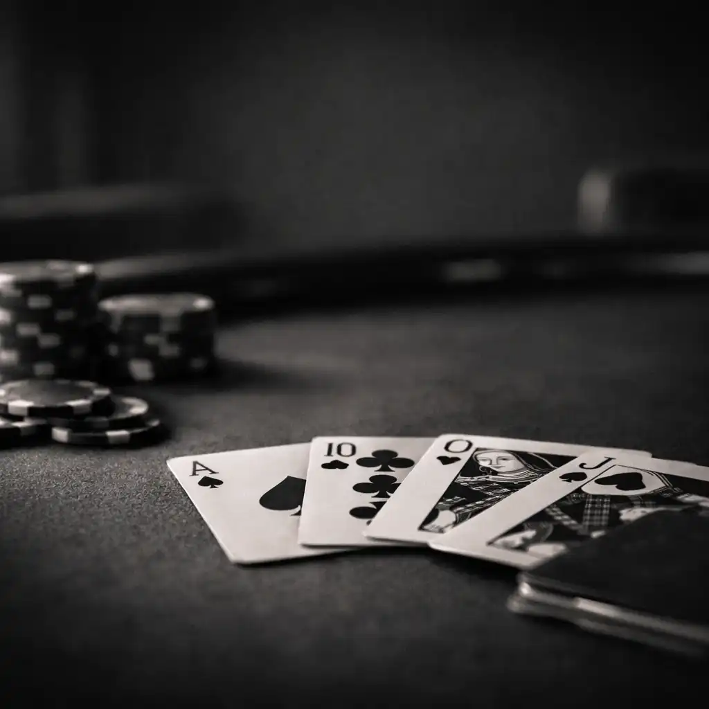 Detail hracích karet a tlumených žetonů na tmavém povrchu pokerového stolu