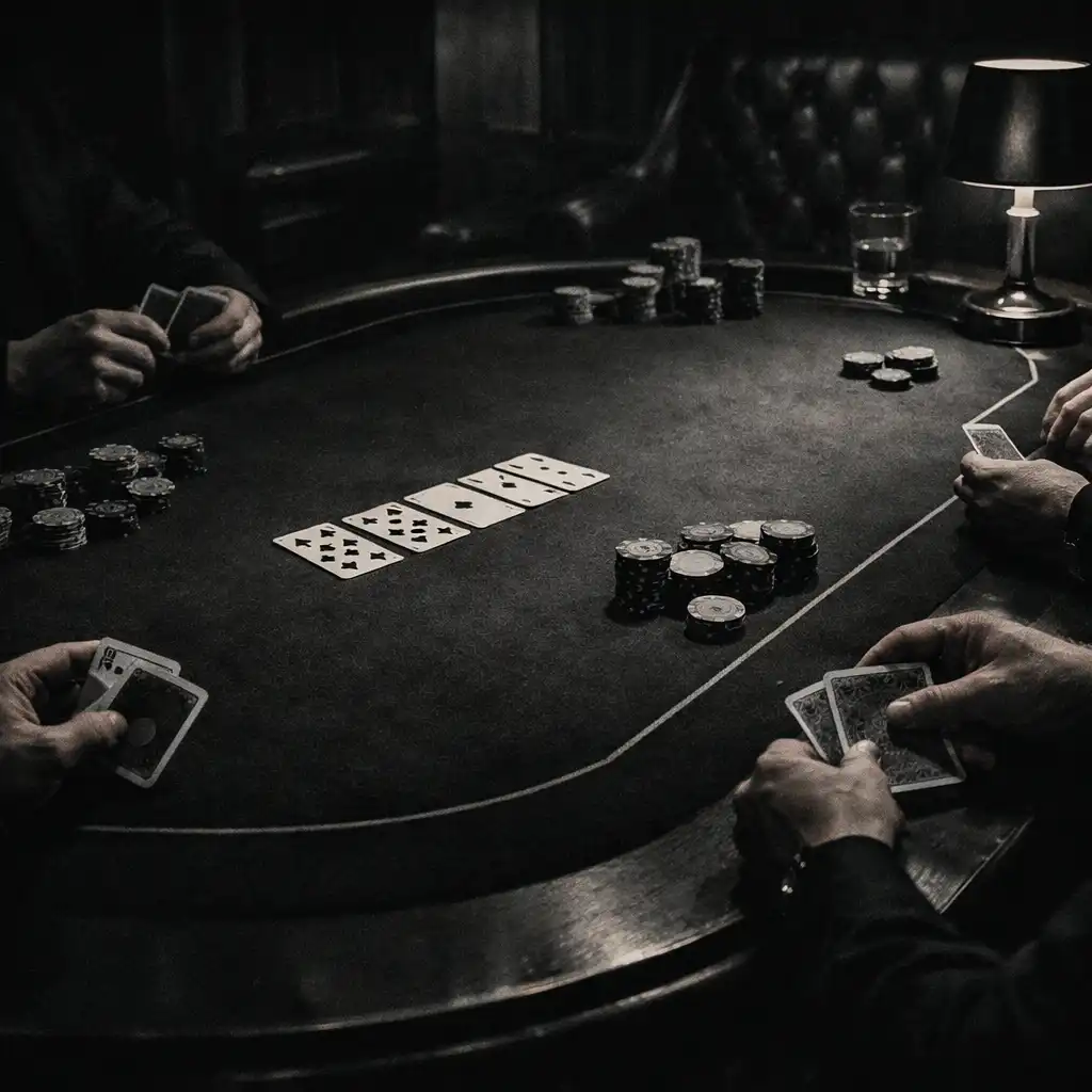 Ruce hostů, karty a tmavý fyzický pokerový stůl v večerním salonku