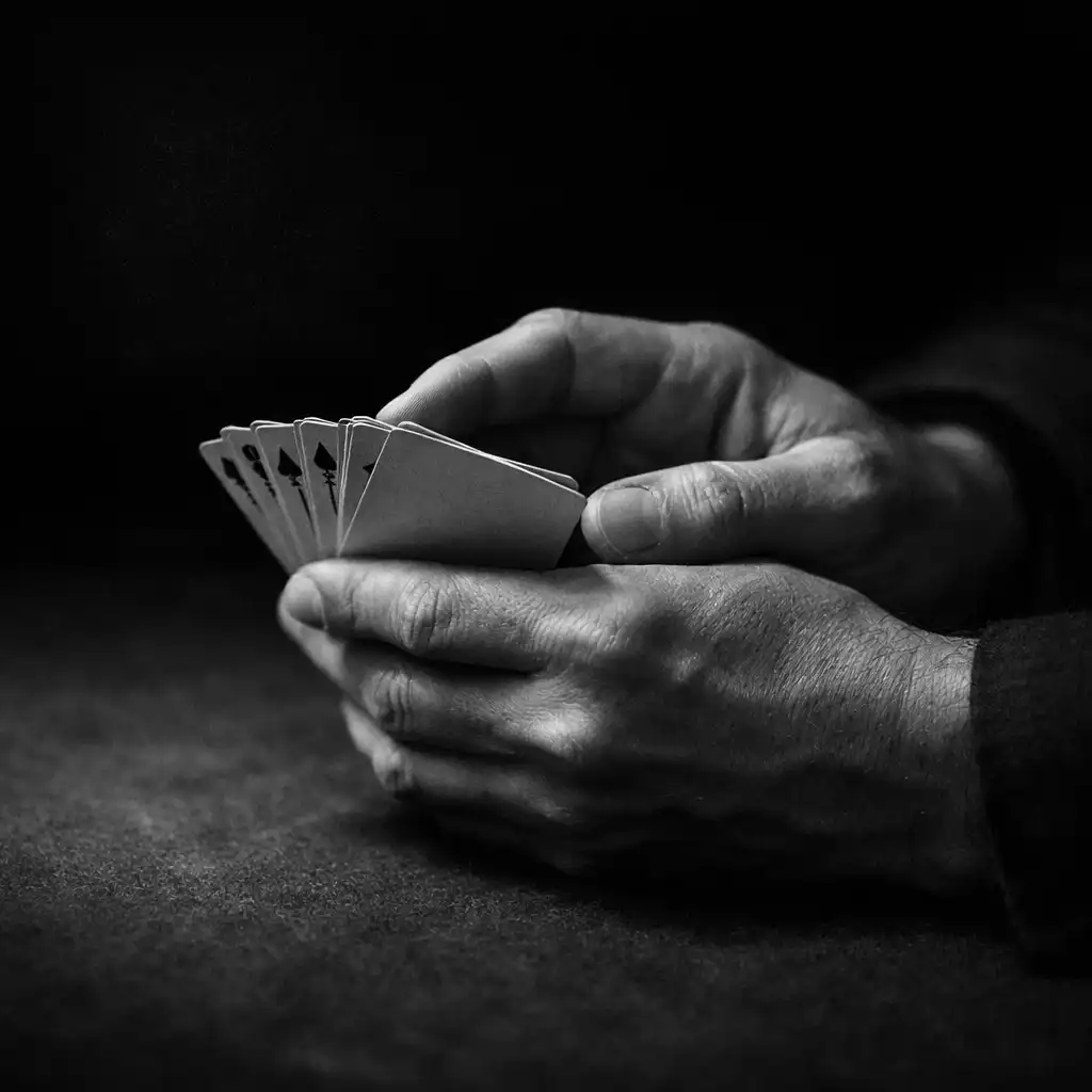 Dvě ruce držící karty nad tmavým pokerovým stolem